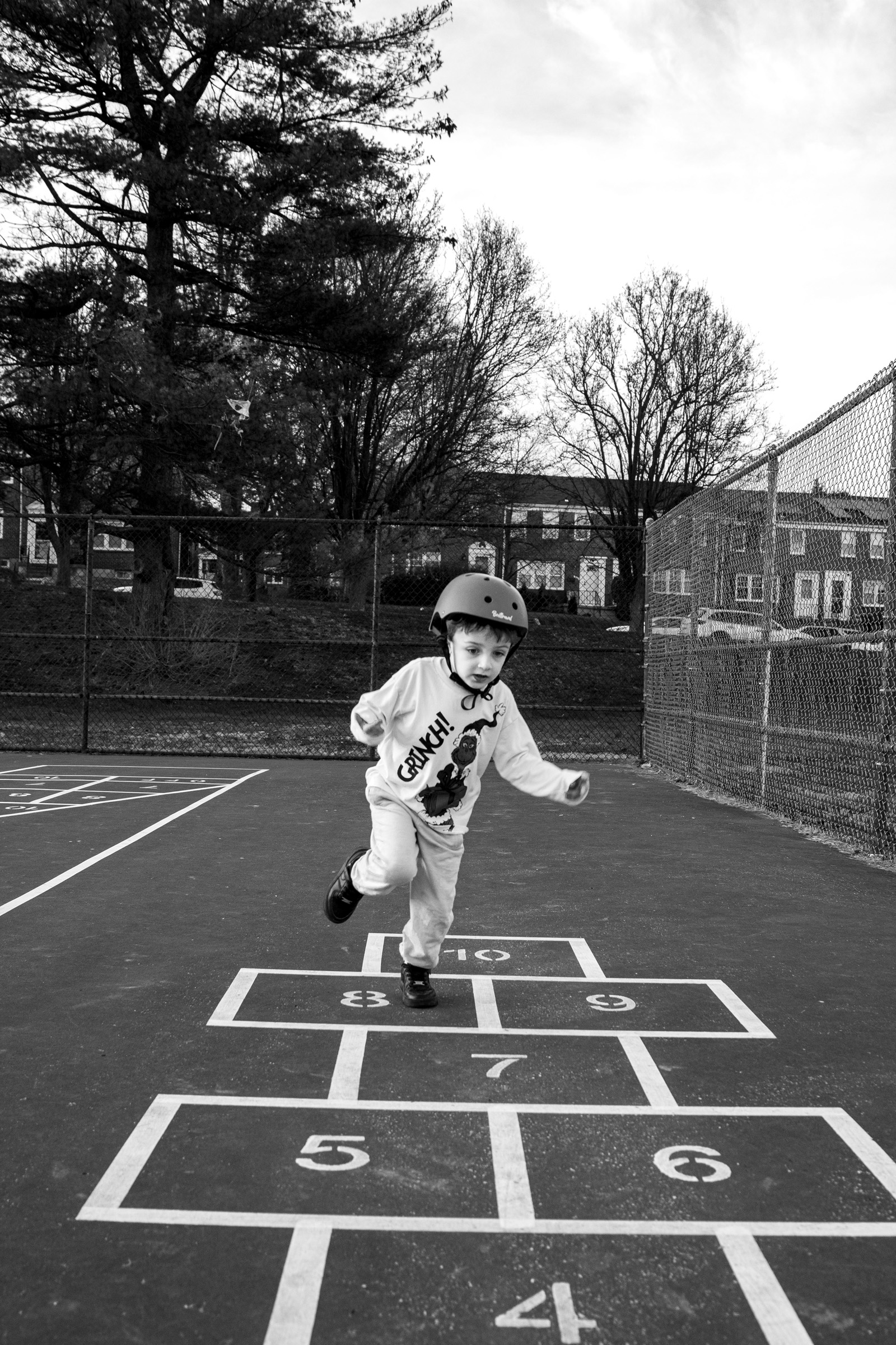 He follows the hopscotch lines